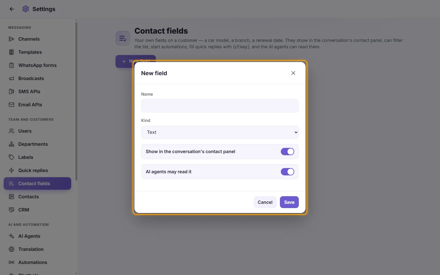 New field: name, kind, and the two switches