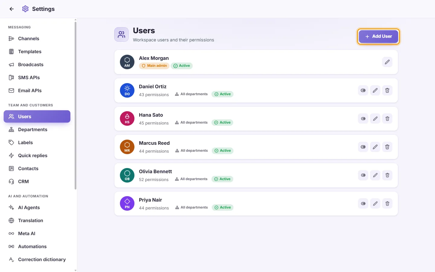 Settings, Users: the team with their departments, and the "Add user" button