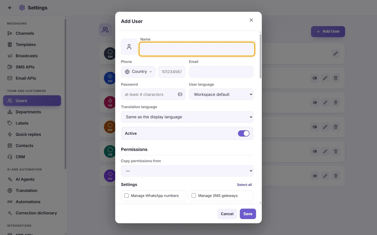 The new user window: the name first, then the sign-in details and what the user may do