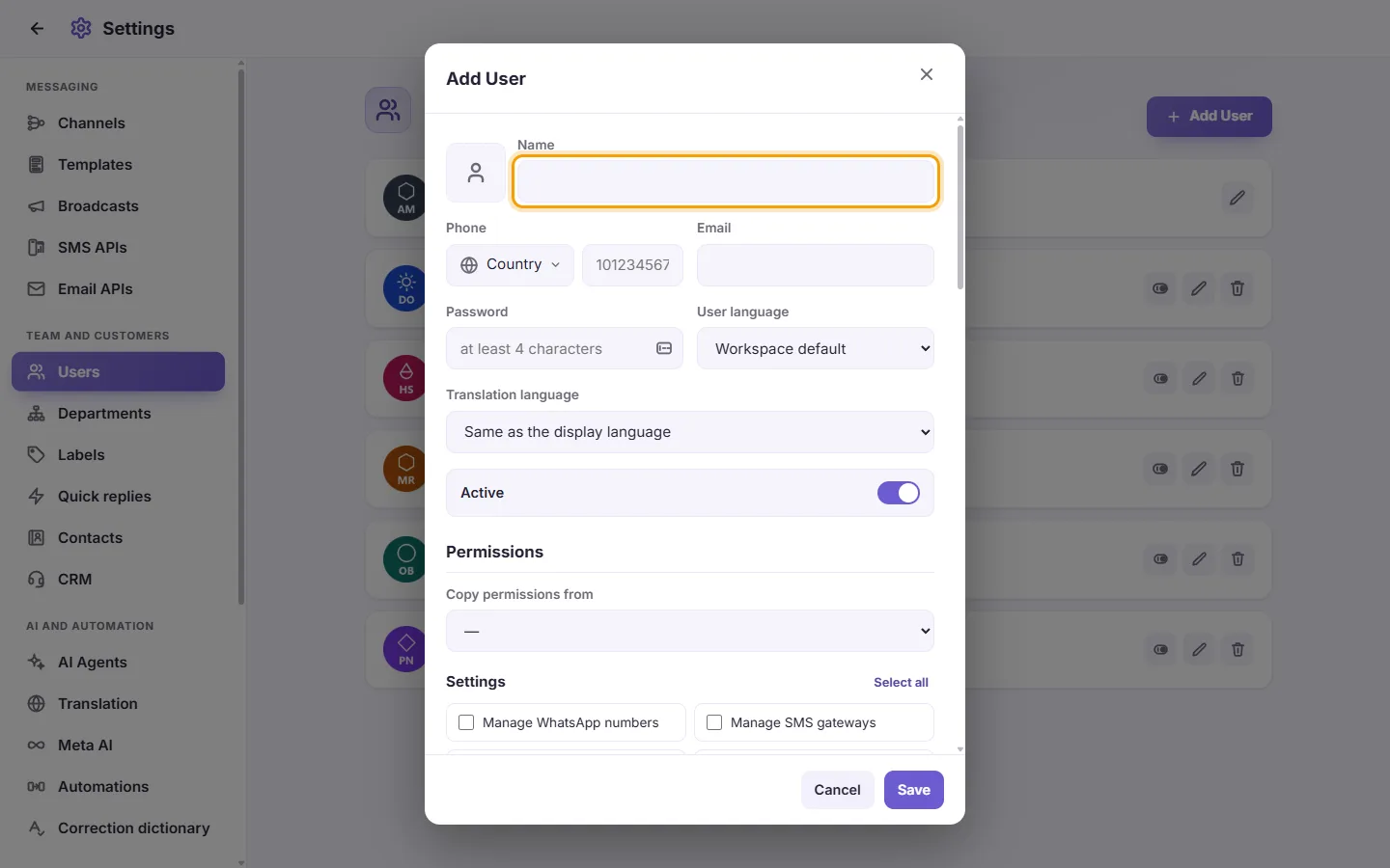 The new user window: the name first, then the sign-in details and what the user may do