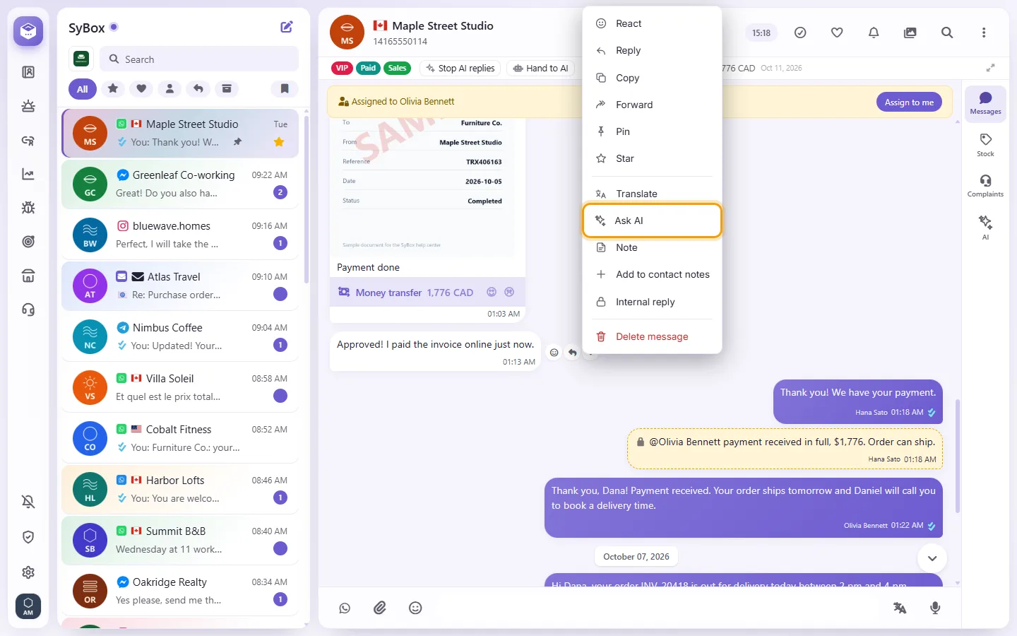 A message's menu: "Ask AI"