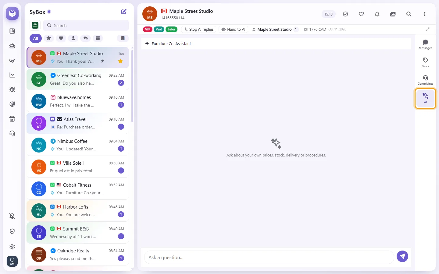 A conversation with its "AI" tab open: ask your own AI agent while you answer the customer