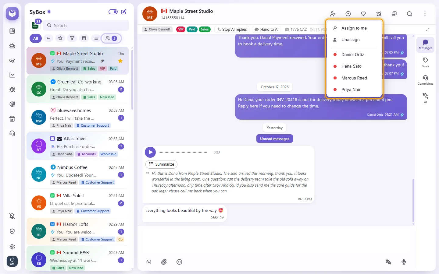 The assign button's menu: Assign to me, then the colleagues with their online dots