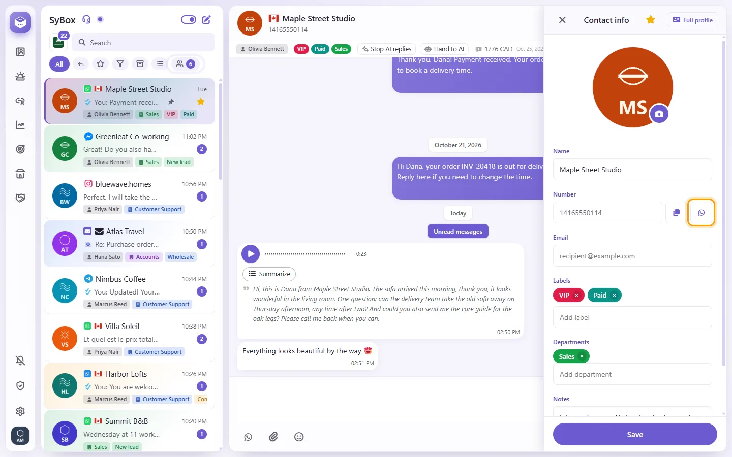 The contact panel: "WhatsApp call" beside the customer's number