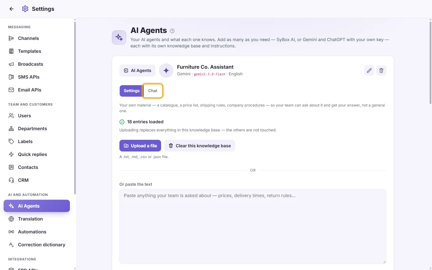 An agent's page: its "Chat" tab beside "Settings"