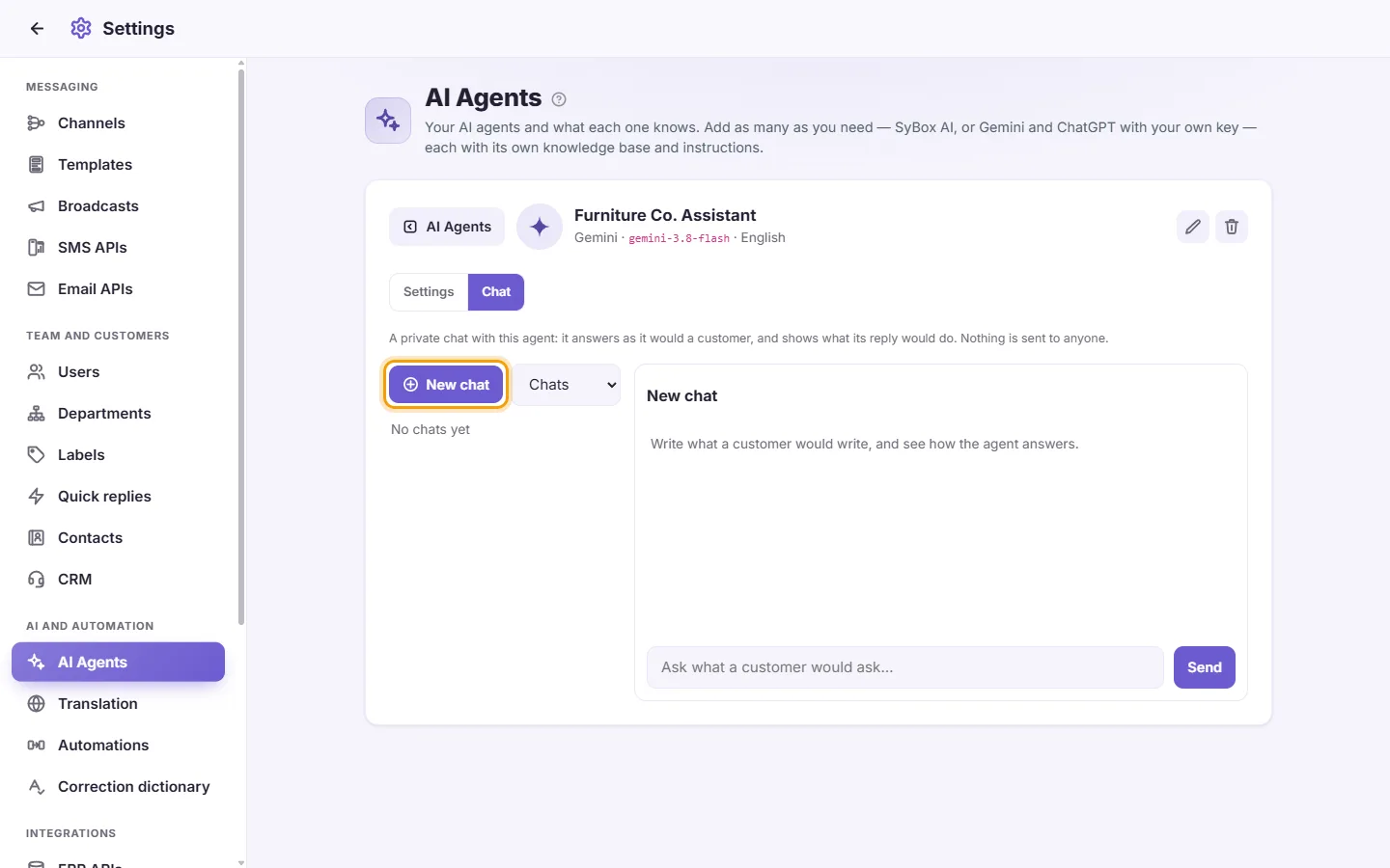 The agent's Chat: "New chat" and the list of your chats with it