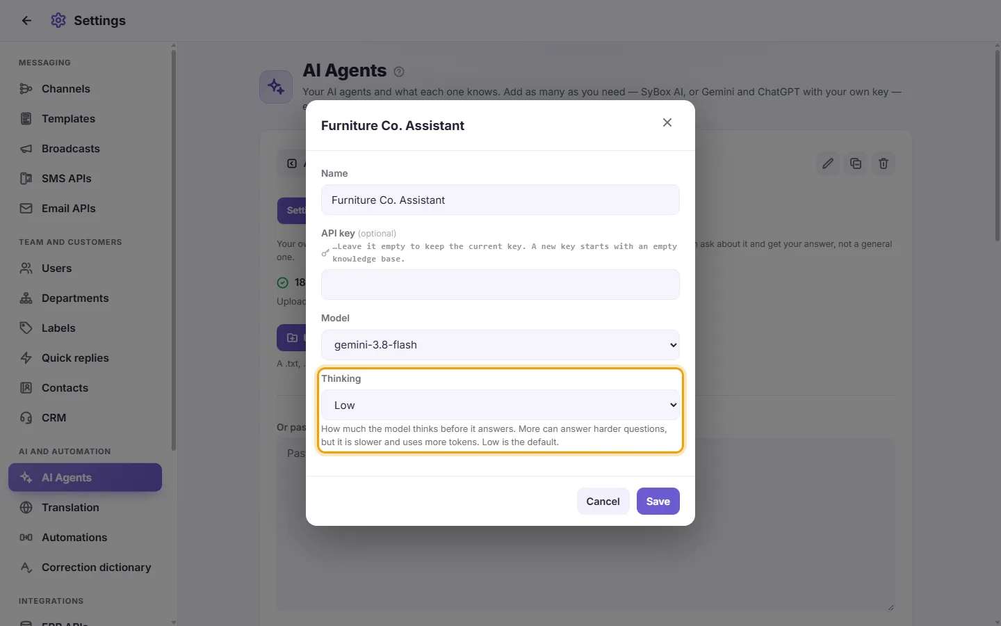 The agent's Edit dialog: the "Thinking" list
