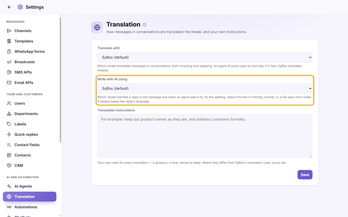 Translation settings: "Write with AI using"