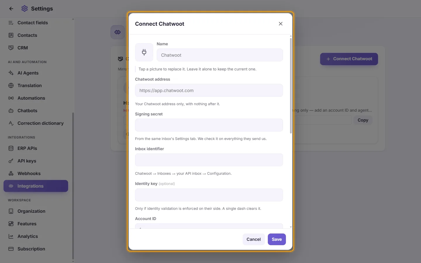 Connect Chatwoot: the address, the signing secret, the inbox identifier, the account ID and the administrator token, then the numbers