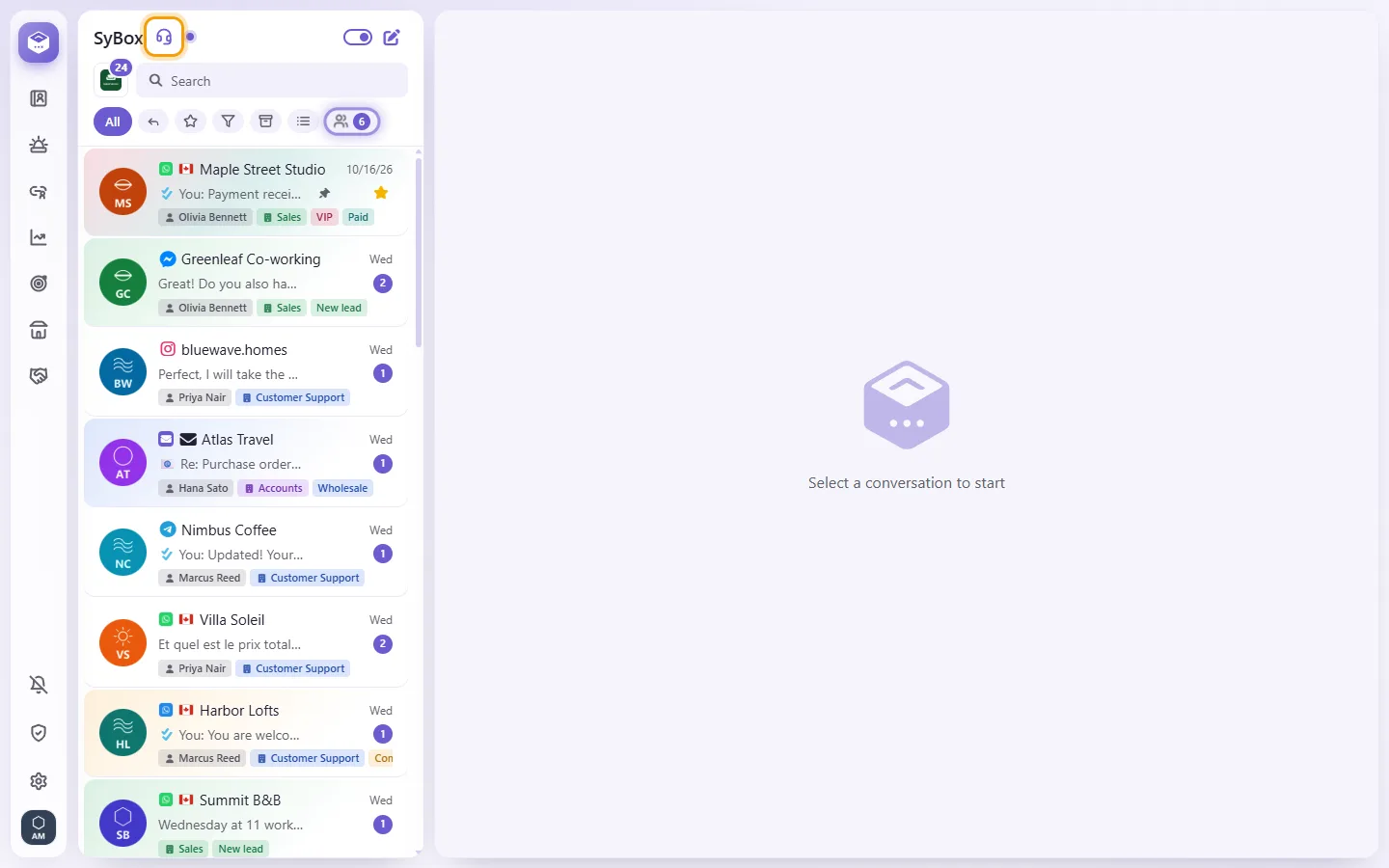 "Contact support": the headset after the workspace's name, above the conversation list