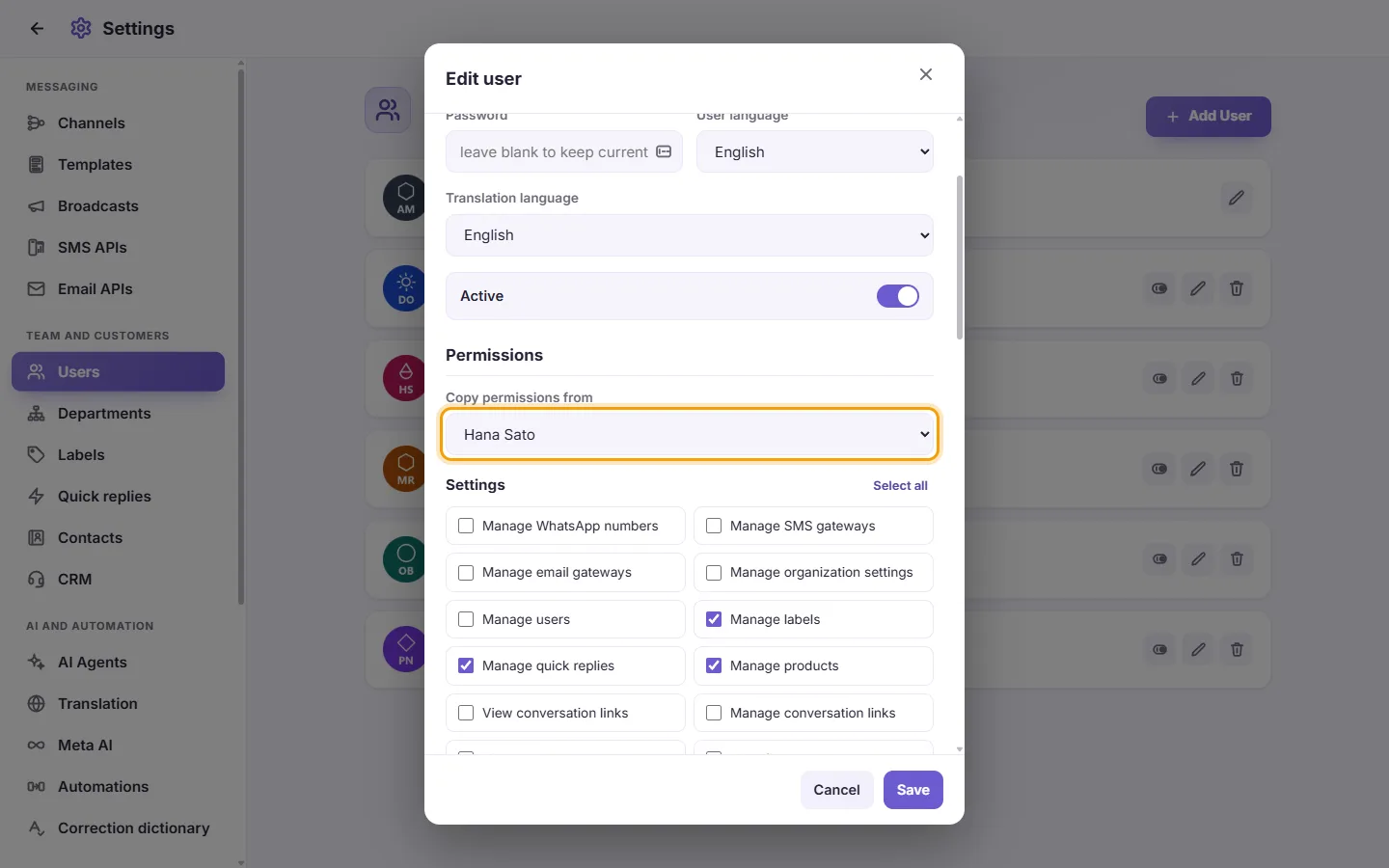 The Edit user window: "Copy permissions from" with a colleague picked