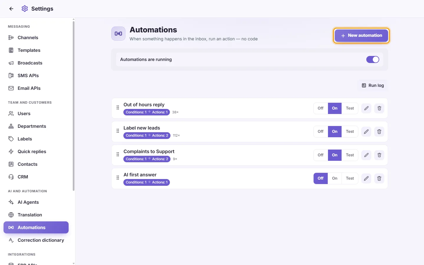 Settings, Automations: rules that run on their own, with their runs, and the "New automation" button
