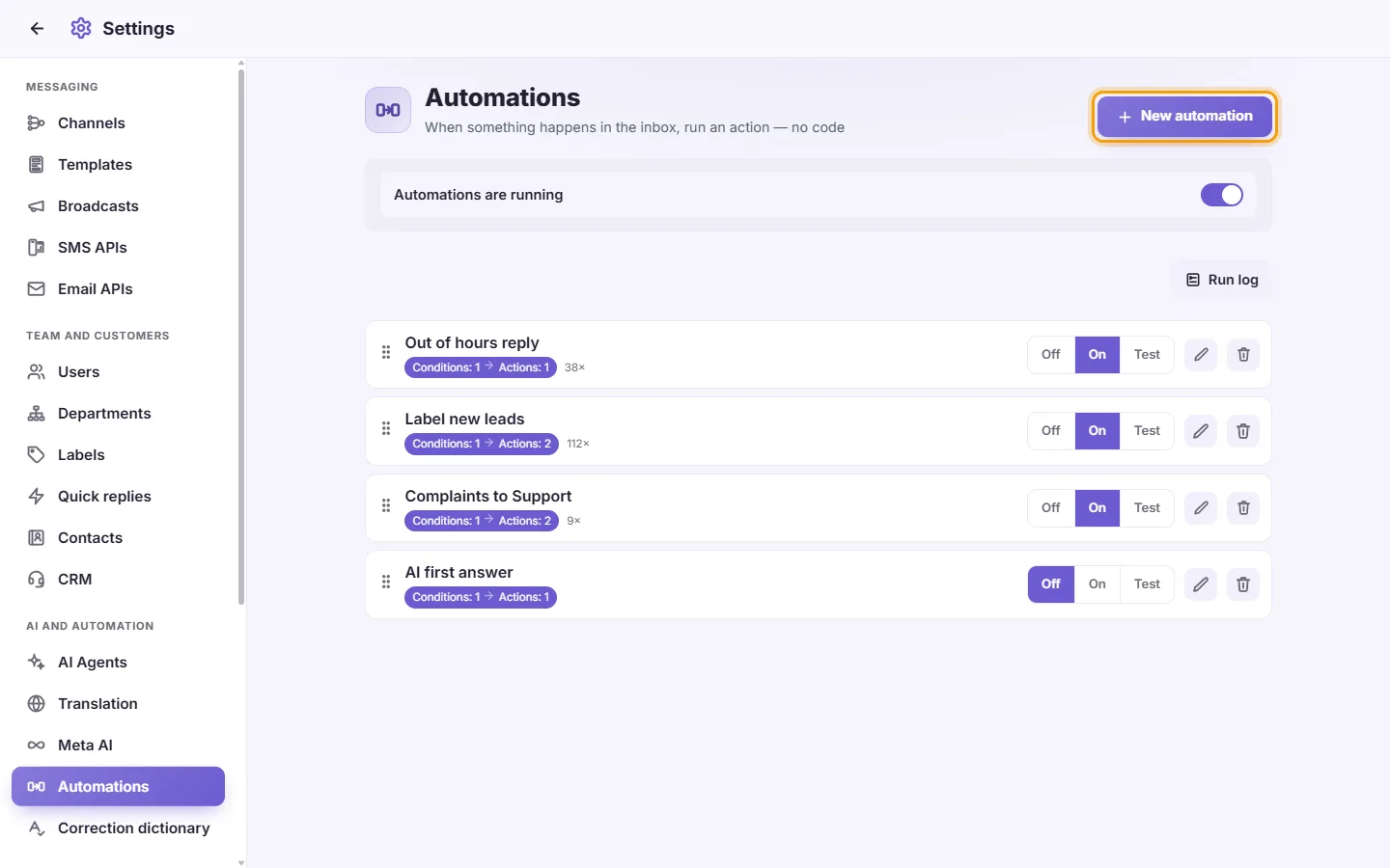 Settings, Automations: rules that run on their own, with their runs, and the "New automation" button