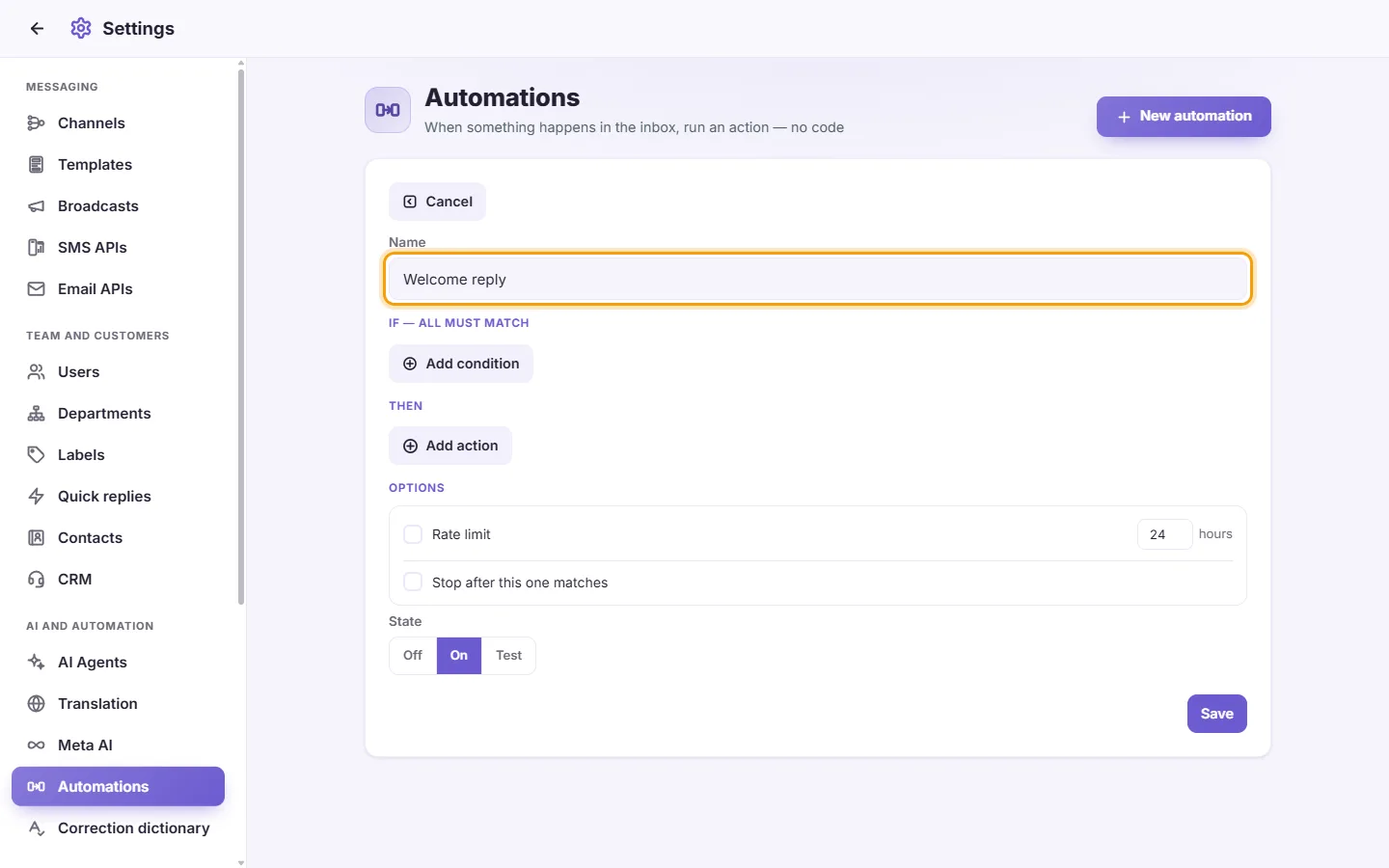 The new automation: its name first ("Welcome reply"), then when it runs, its conditions and its actions