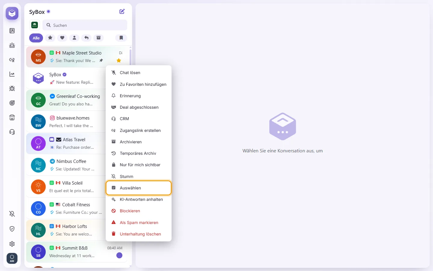 A conversation's menu in the list: "Select" starts choosing several conversations