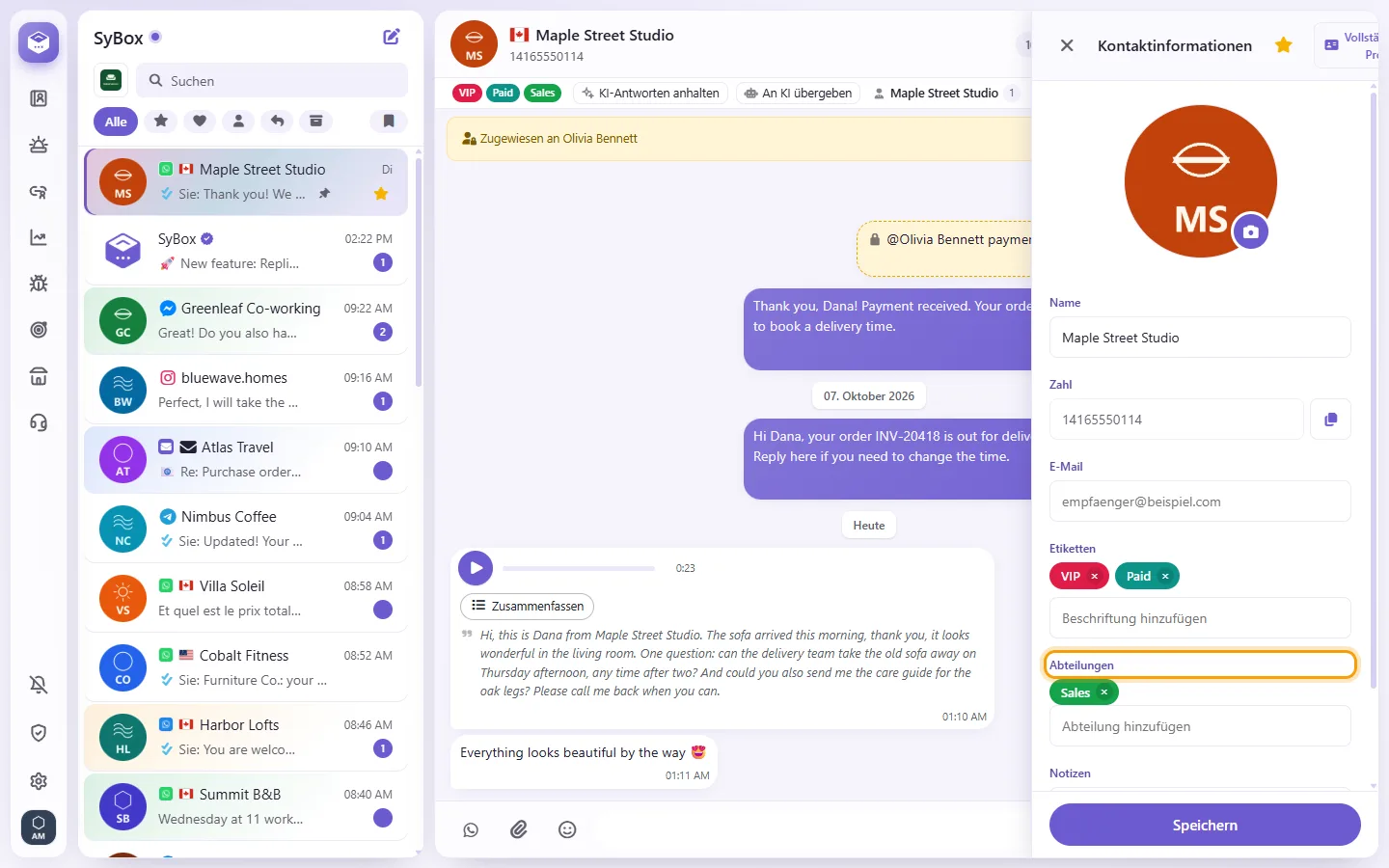 To add a department or a label to a conversation: "Departments" marked on the screen in SyBox