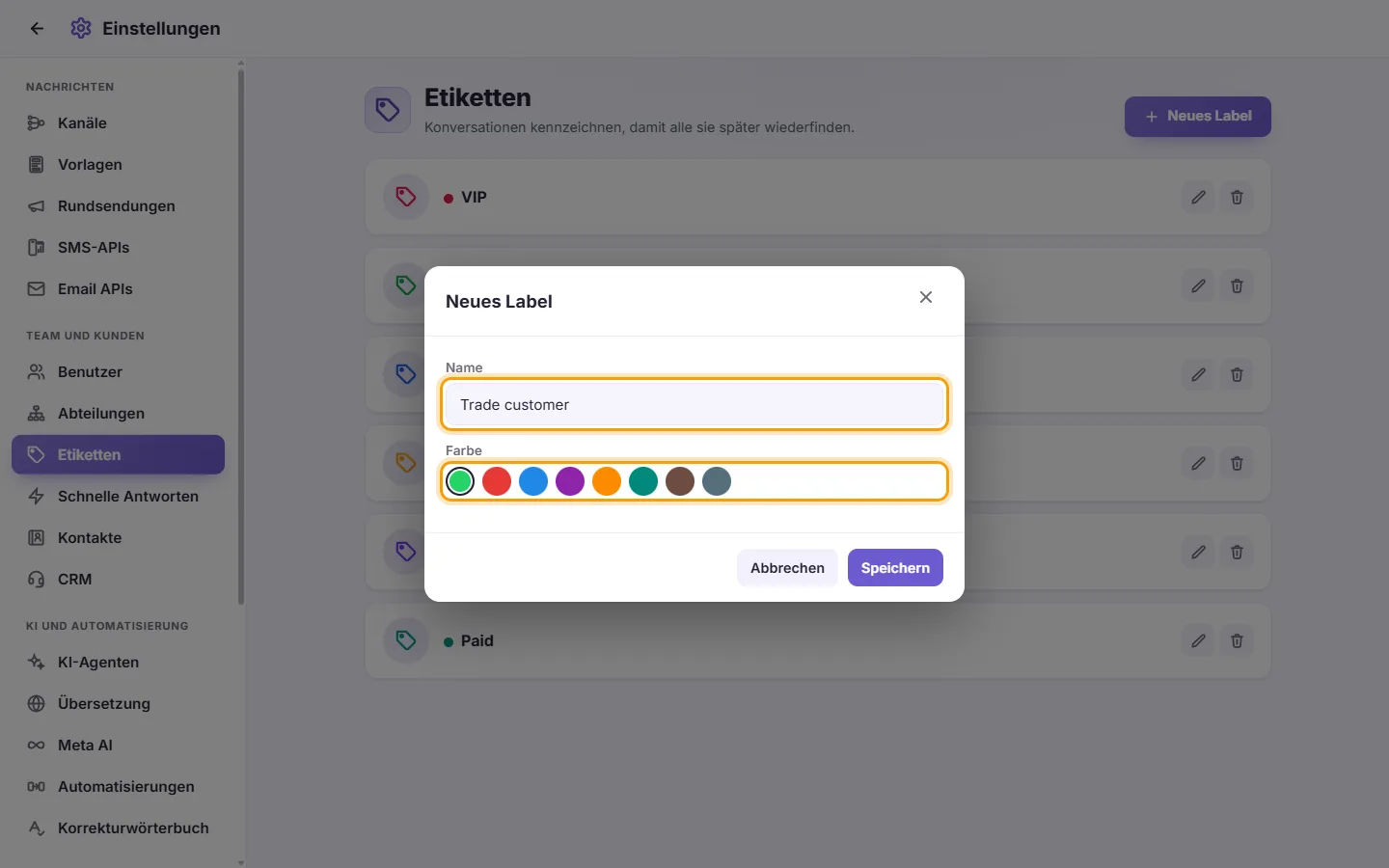 The new label window: its name ("Trade customer") and its color