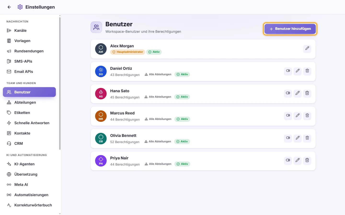 Settings, Users: the team with their departments, and the "Add user" button