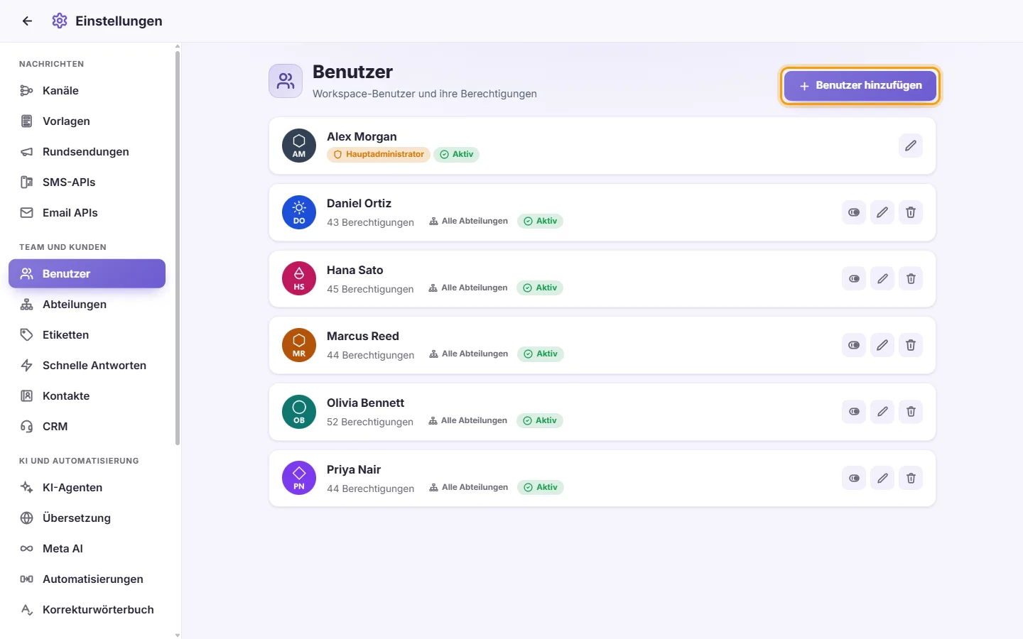 Settings, Users: the team with their departments, and the "Add user" button