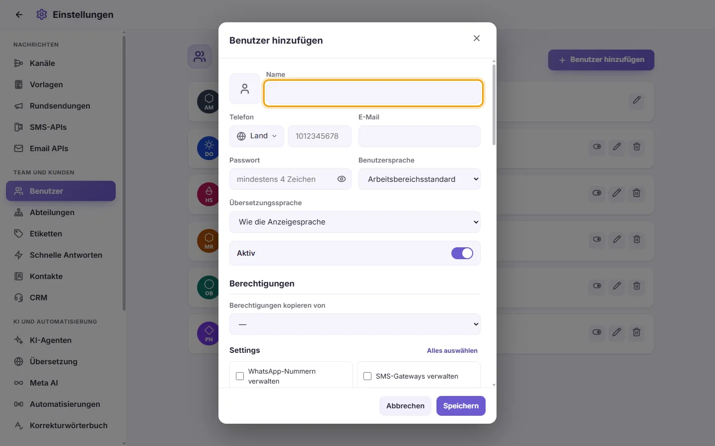 The new user window: the name first, then the sign-in details and what the user may do