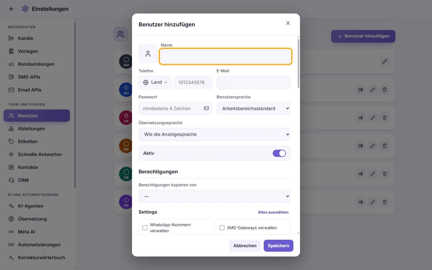 The new user window: the name first, then the sign-in details and what the user may do