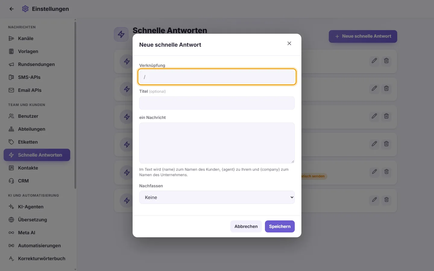 The new quick reply window: its shortcut first, then its title, text and an optional follow-up reminder