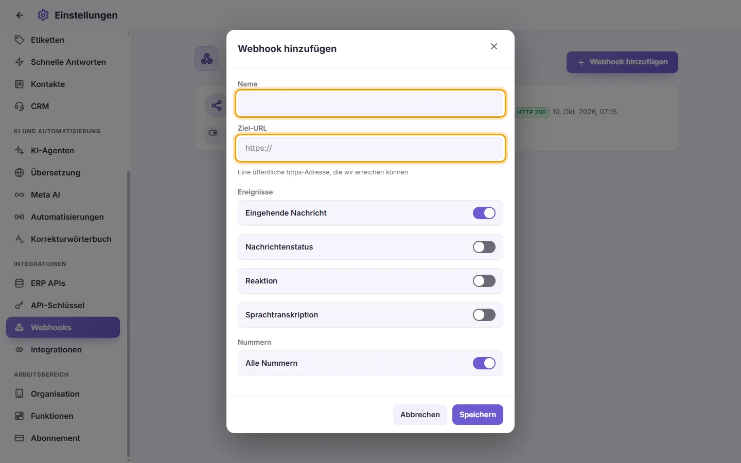 The new webhook window: its name and the address it calls