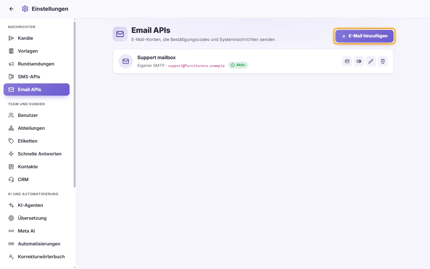Settings, Email APIs: a connected mailbox and the "Add email" button