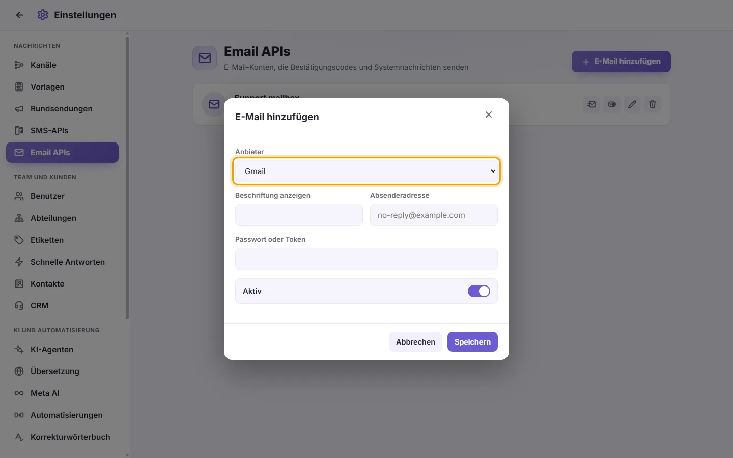 The new email account window: pick the provider first, then the address (and the server, for a custom provider)