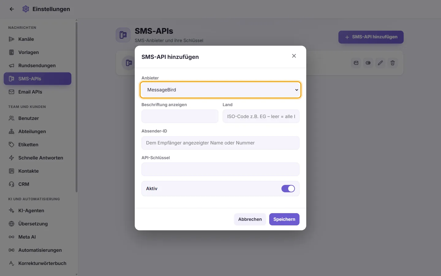 The new SMS gateway window: the provider first, then the country, keys and sender