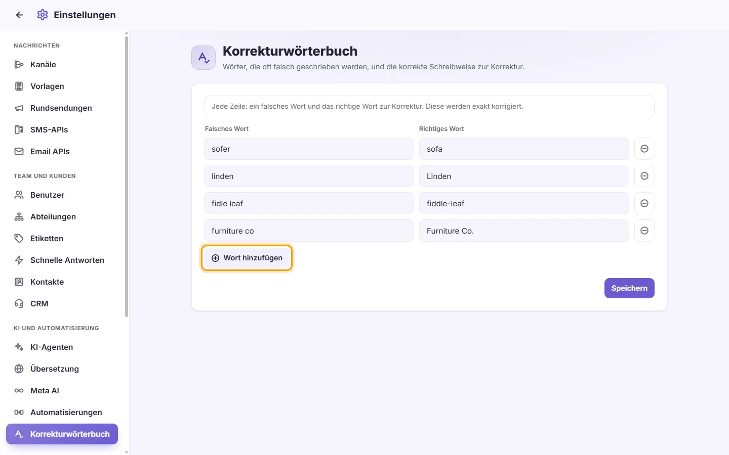 Settings, Correction dictionary: the wrong words and their corrections, and the "Add word" button