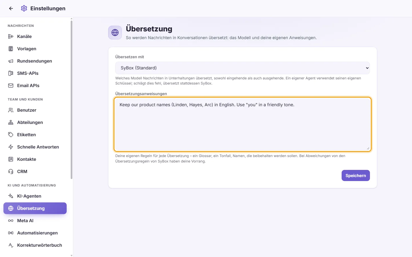 Settings, Translation: the "Translation instructions" box with an example rule