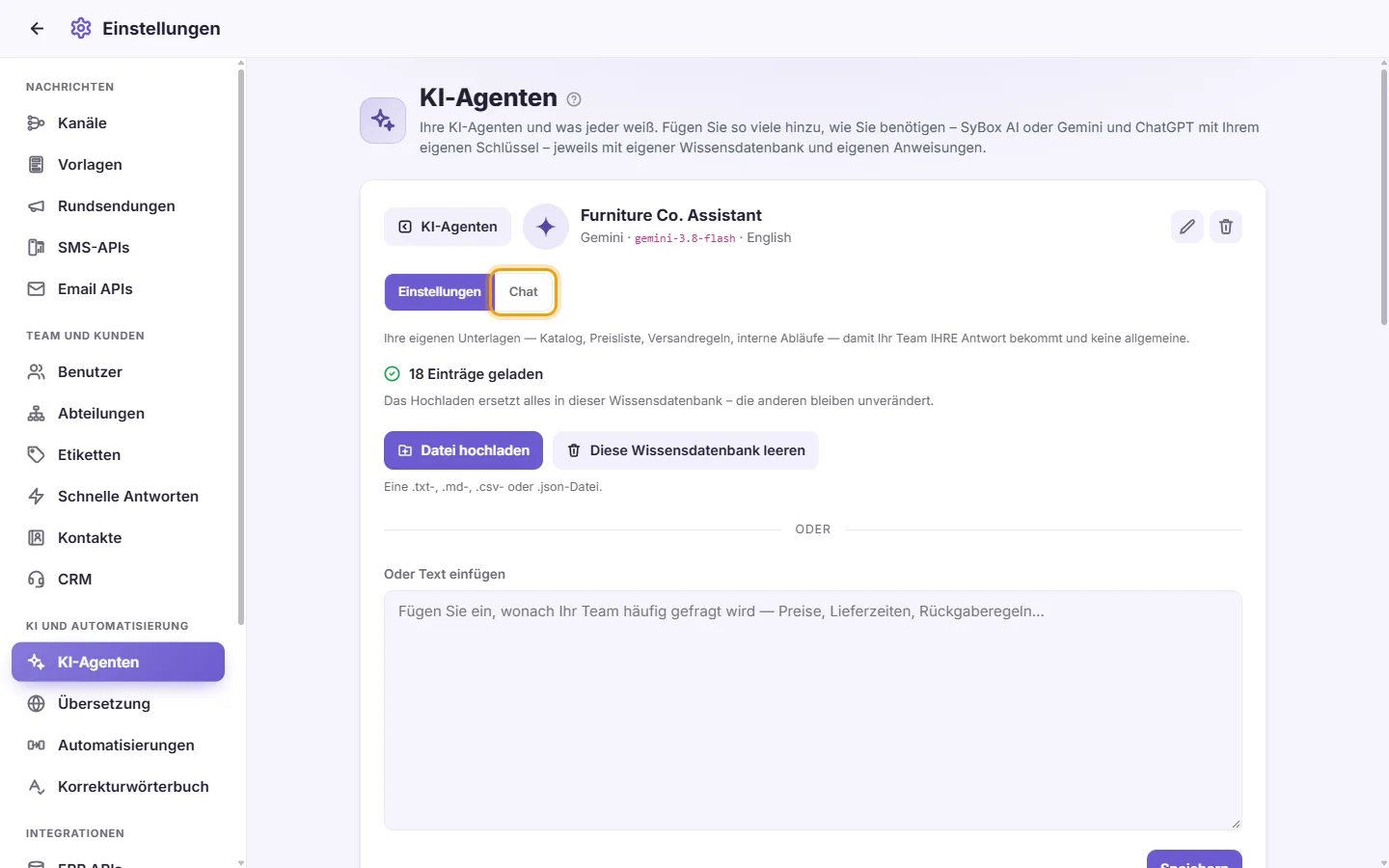 An agent's page: its "Chat" tab beside "Settings"