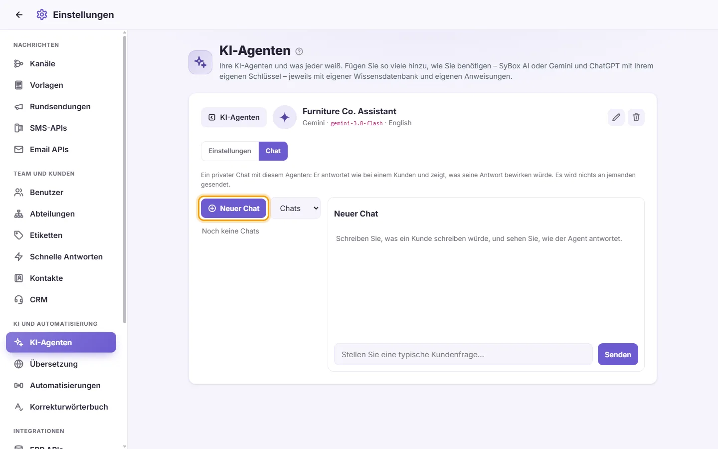 The agent's Chat: "New chat" and the list of your chats with it