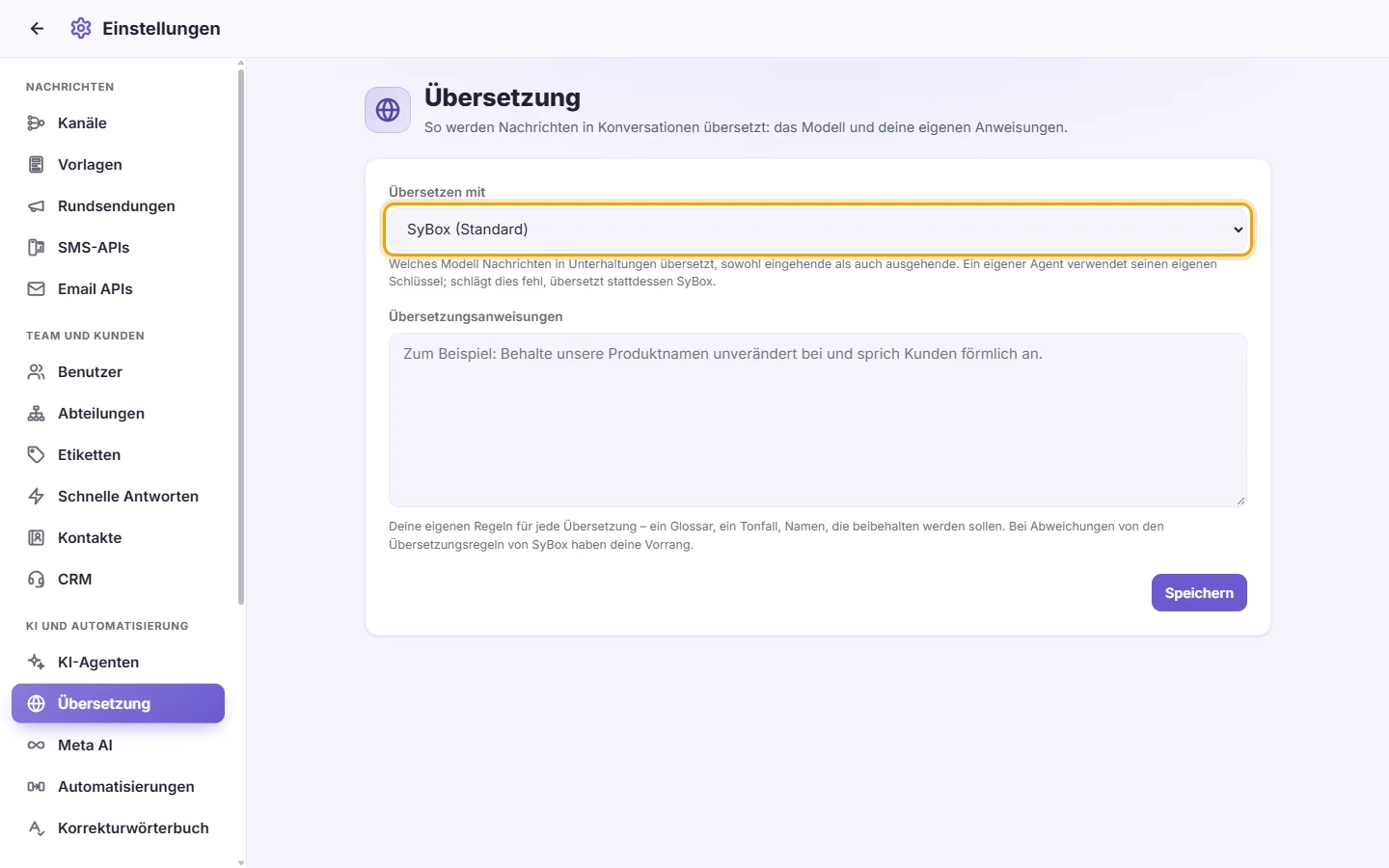 Settings, Translation: "Translate with" chooses who translates the messages