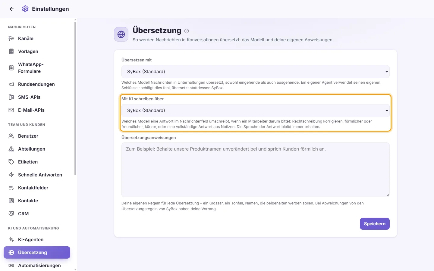 Translation settings: "Write with AI using"