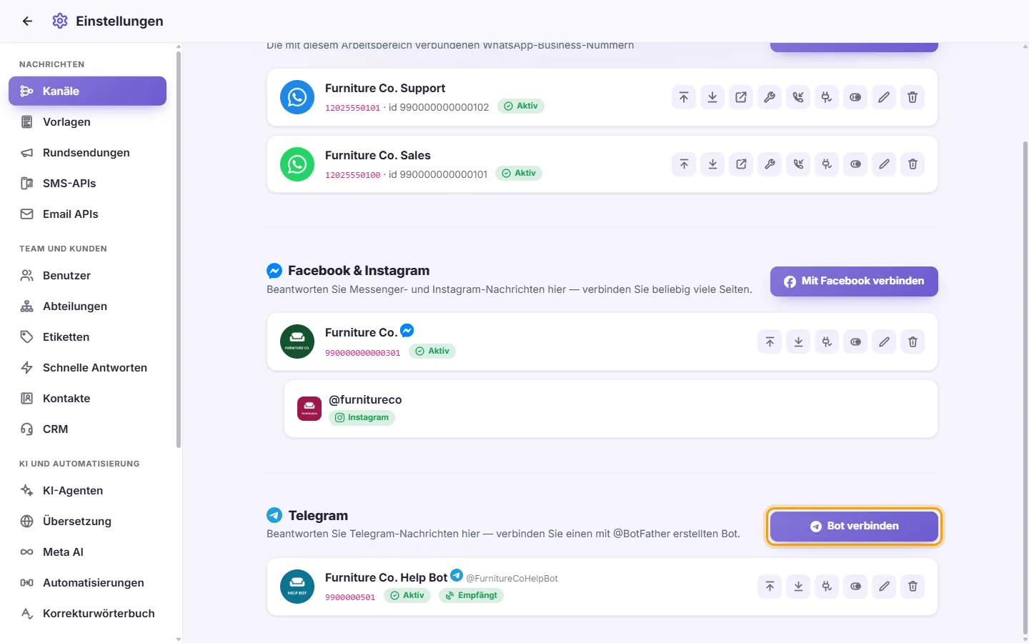 Settings, Channels: the Telegram part with its "Connect a bot" button and a connected bot