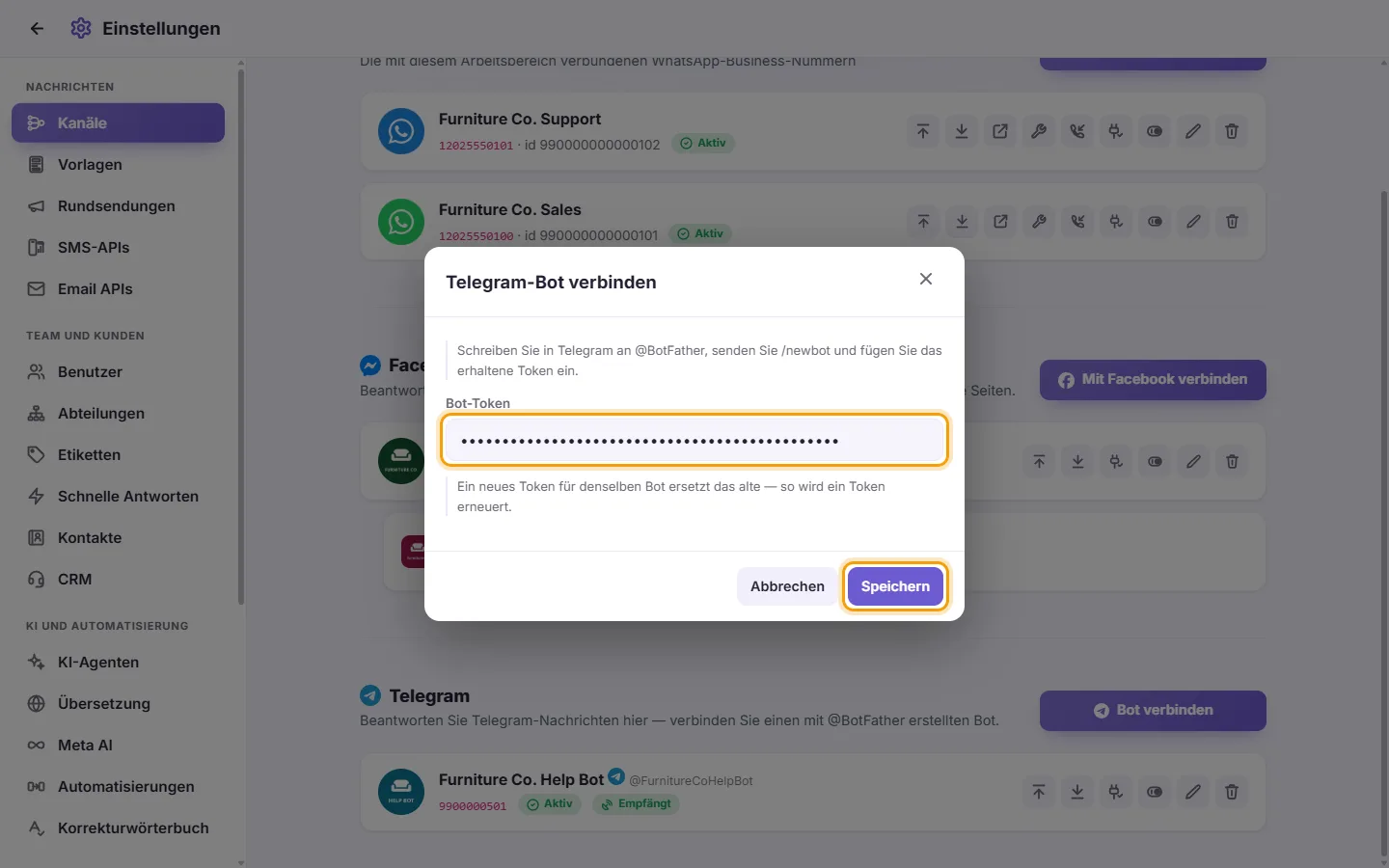 The "Connect a Telegram bot" window: the Bot token field with an example token, and the Save button