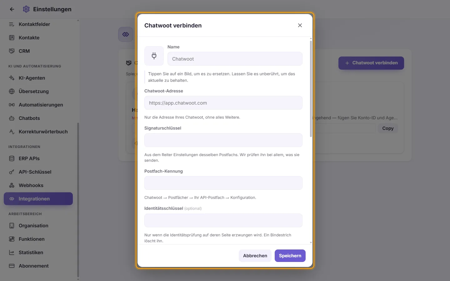 Connect Chatwoot: the address, the signing secret, the inbox identifier, the account ID and the administrator token, then the numbers