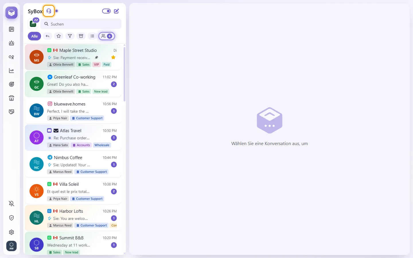 "Contact support": the headset after the workspace's name, above the conversation list