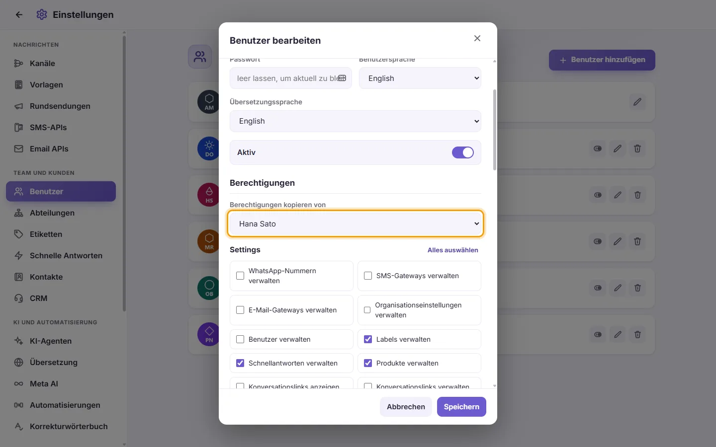 The Edit user window: "Copy permissions from" with a colleague picked