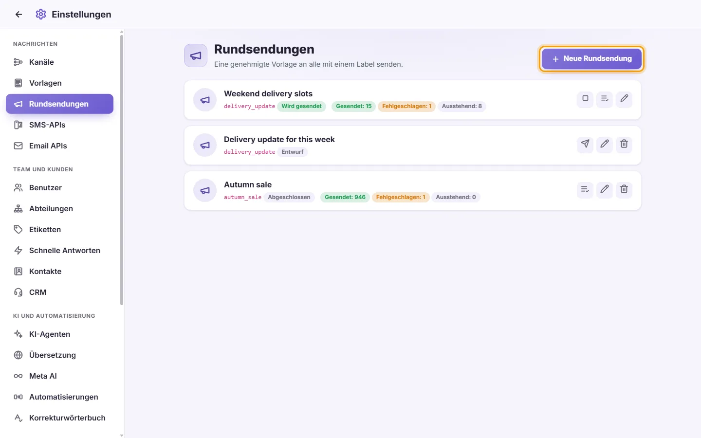Settings, Broadcasts: one sending, a draft and a finished one, and the "New broadcast" button