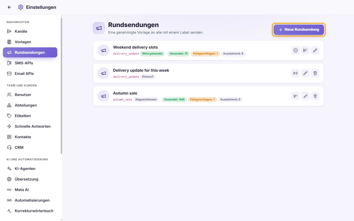 Settings, Broadcasts: one sending, a draft and a finished one, and the "New broadcast" button