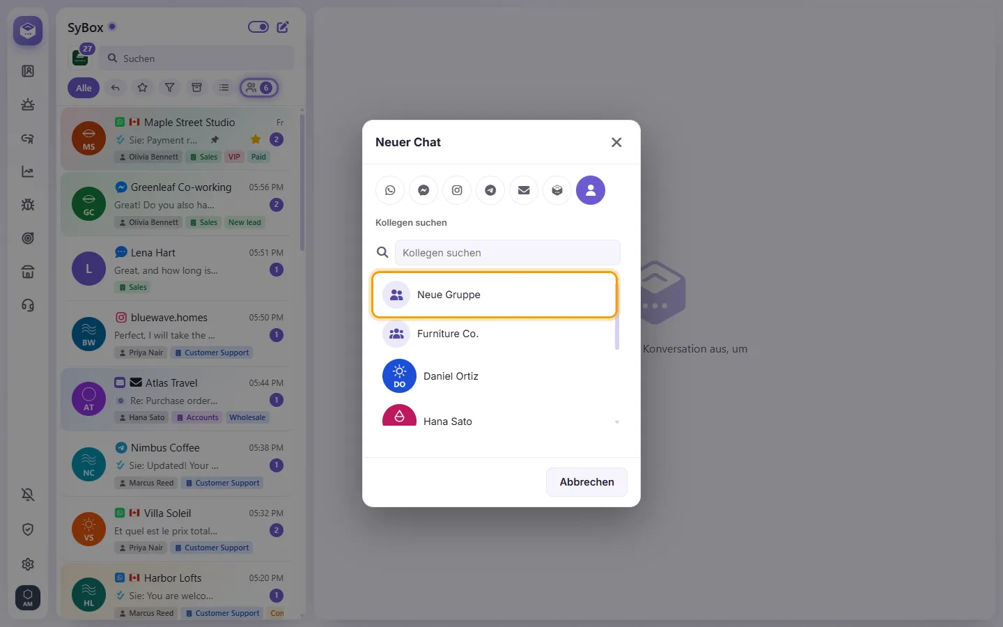 The New chat window on "Personal message": "New group" first