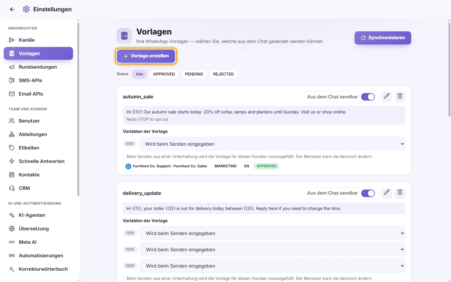 Settings, Templates: the template cards, the filters for their status, and the "Create template" button
