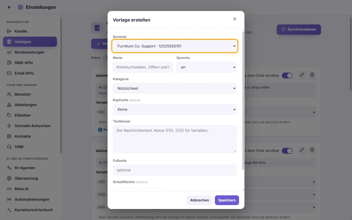 The new template form: the number it belongs to first, then its name, category, language and content