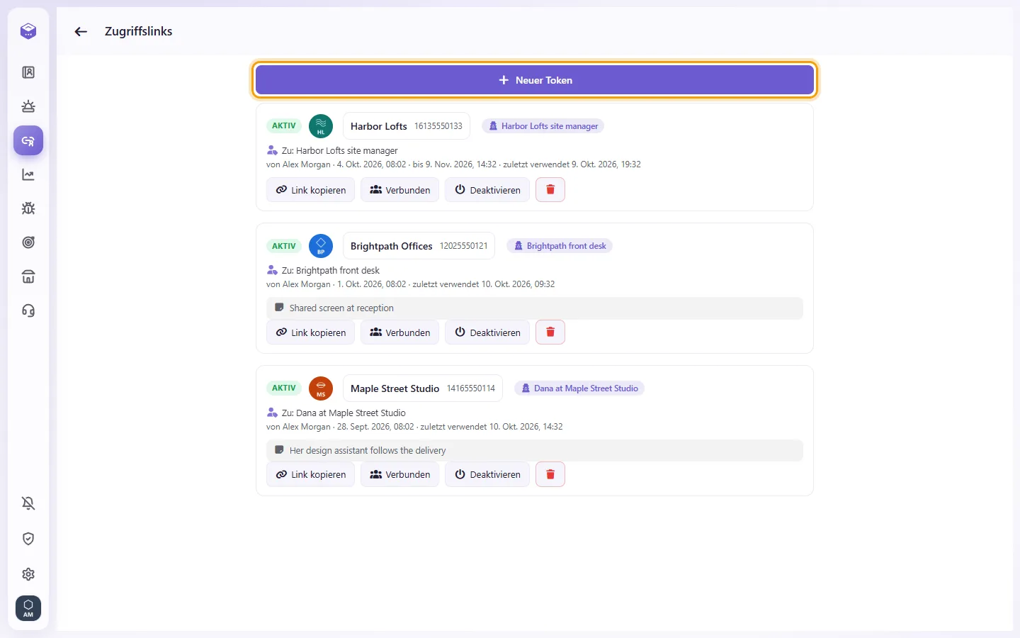 Access links: the links already shared and the "New token" button