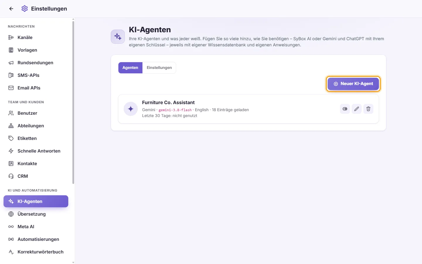 Settings, AI Agents: the agents already made and the "New AI agent" button