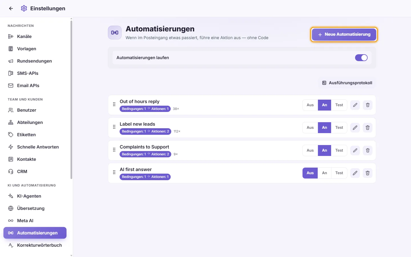 Settings, Automations: rules that run on their own, with their runs, and the "New automation" button