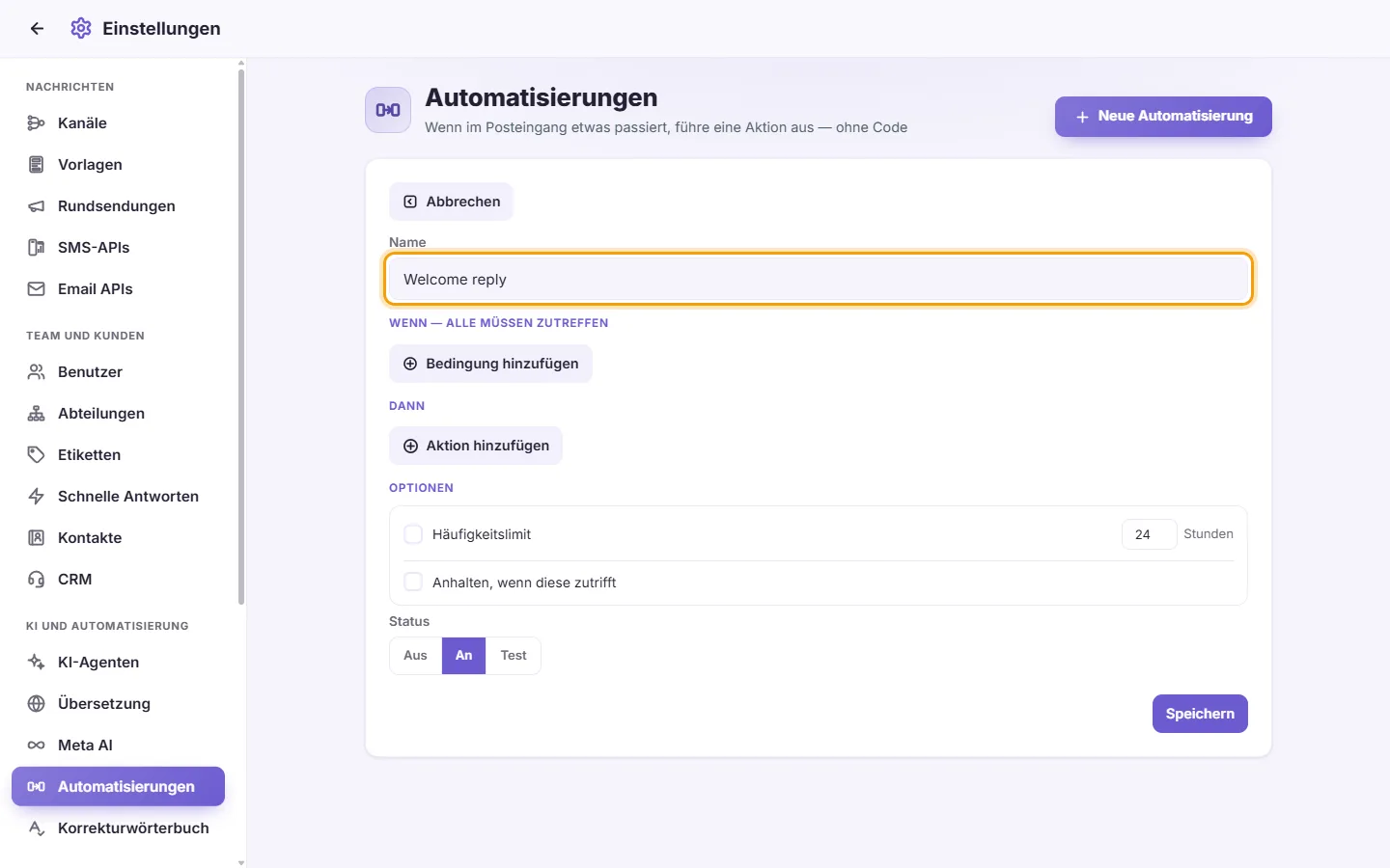 The new automation: its name first ("Welcome reply"), then when it runs, its conditions and its actions